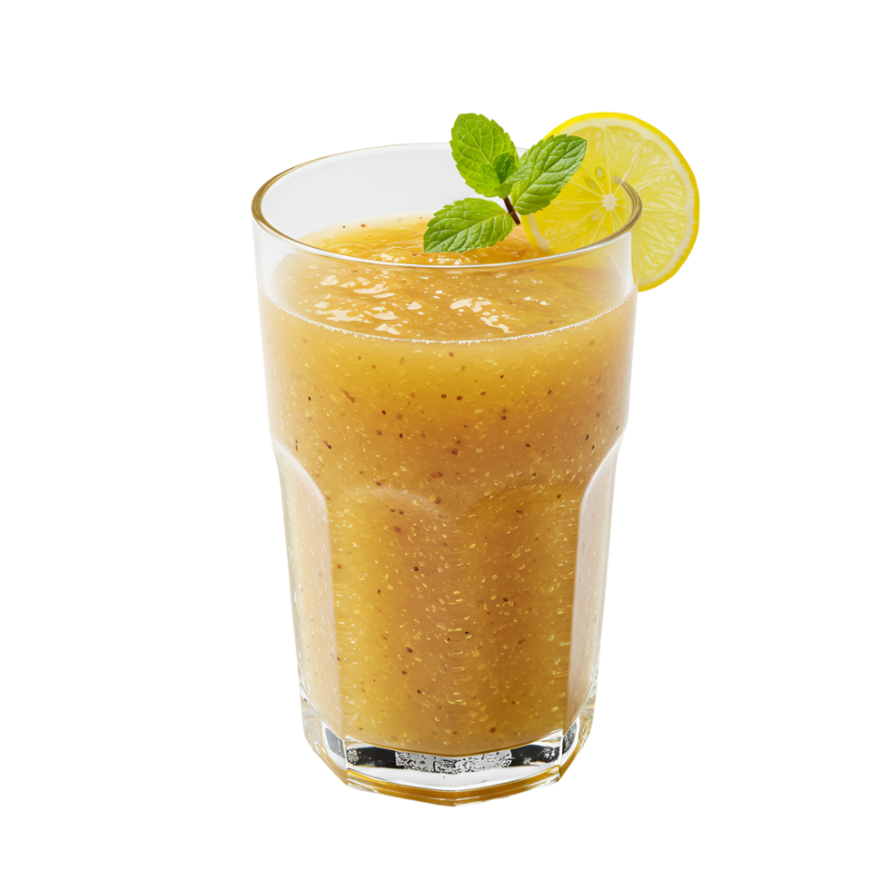 A glass of yellow smoothie with a lemon slice and mint sprig on a plain background isolated shot transparent background png