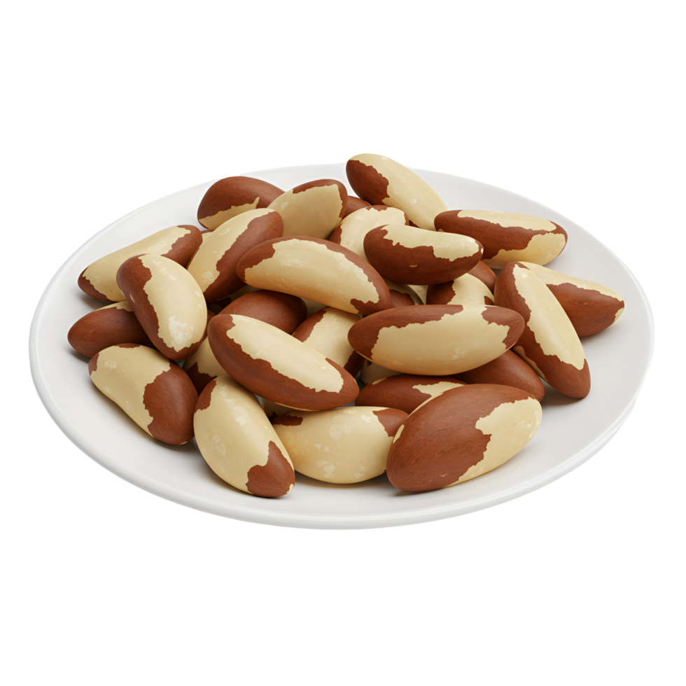 A white plate filled with a pile of brazil nuts with light and brown color on a plain surface view transparent background png