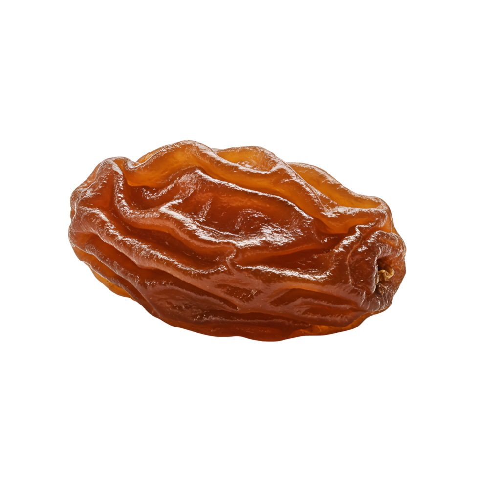 A single raisin with a translucent appearance on a plain and simple solid color background view from above transparent background png