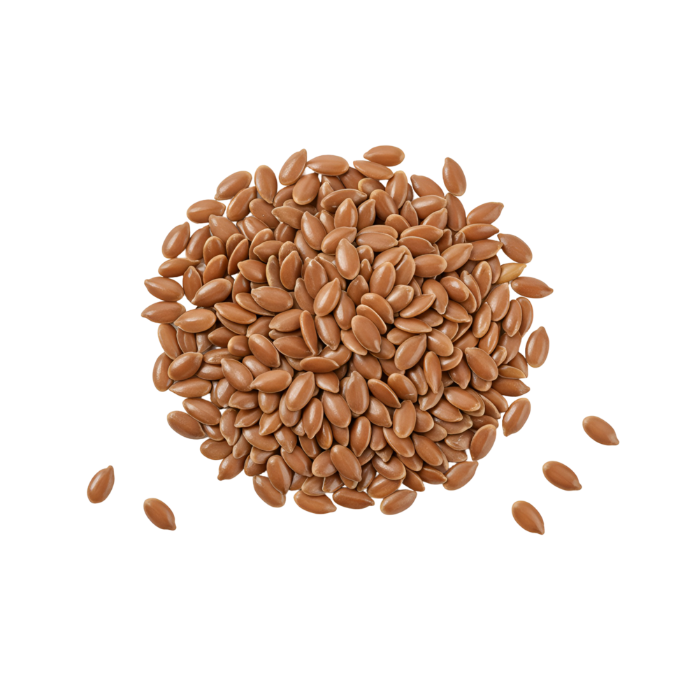 A close up view of a pile of brown flax seeds against a plain solid color surrounding them all around transparent background png