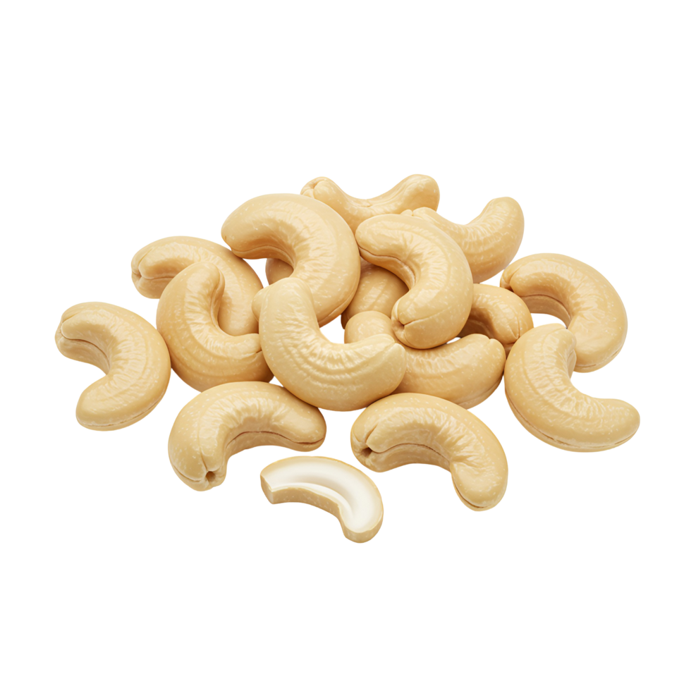 A group of cashew nuts piled together in a heap on a plain surface with a plain color behind it transparent background png