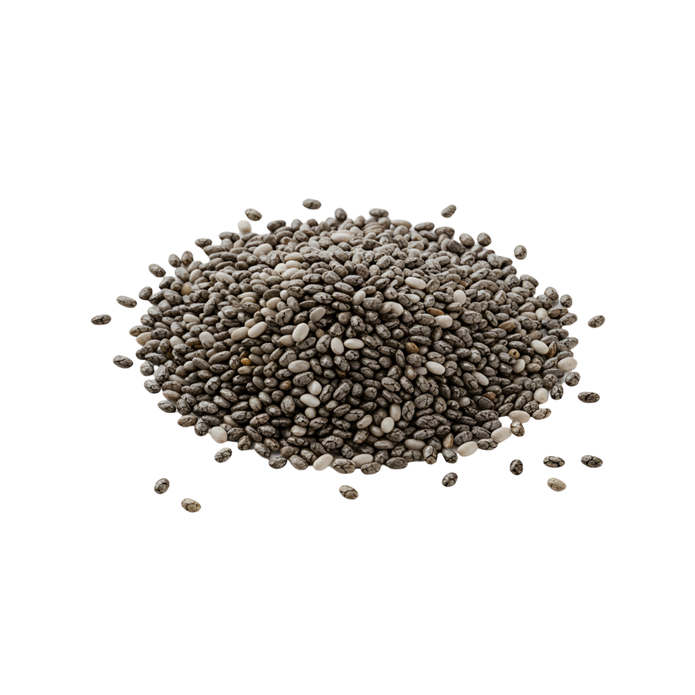 A pile of chia seeds isolated on a plain surface showing texture and natural color variations clearly transparent background png