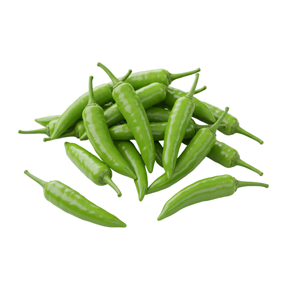 A pile of vibrant light green chili peppers with stems on a plain surface is displayed closely transparent background png