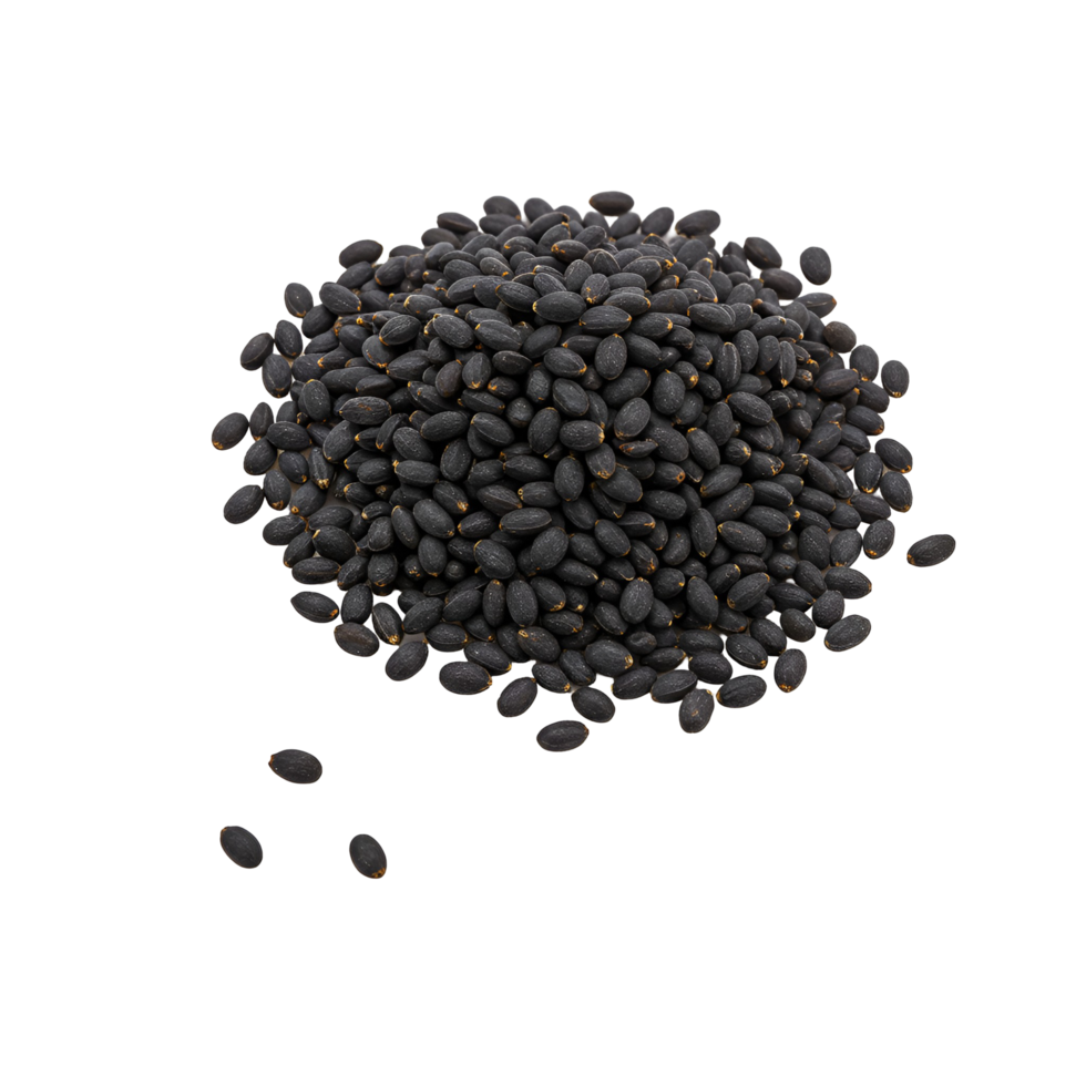 Pile of numerous small oval shaped seeds clustered together on a plain surface in studio shot view transparent background png