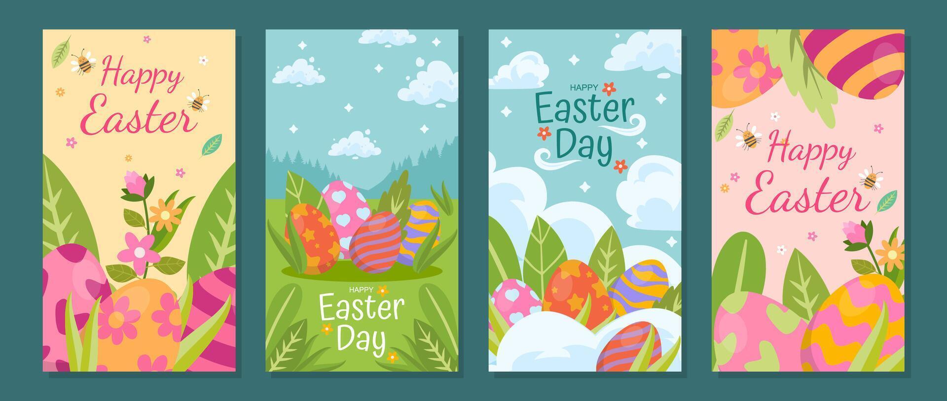 Happy Easter cards set. Cute, funny, kawaii eggs. Spring field, flowers, plants, leaves, clouds, blue sky. Holiday colorful flat design style. vector