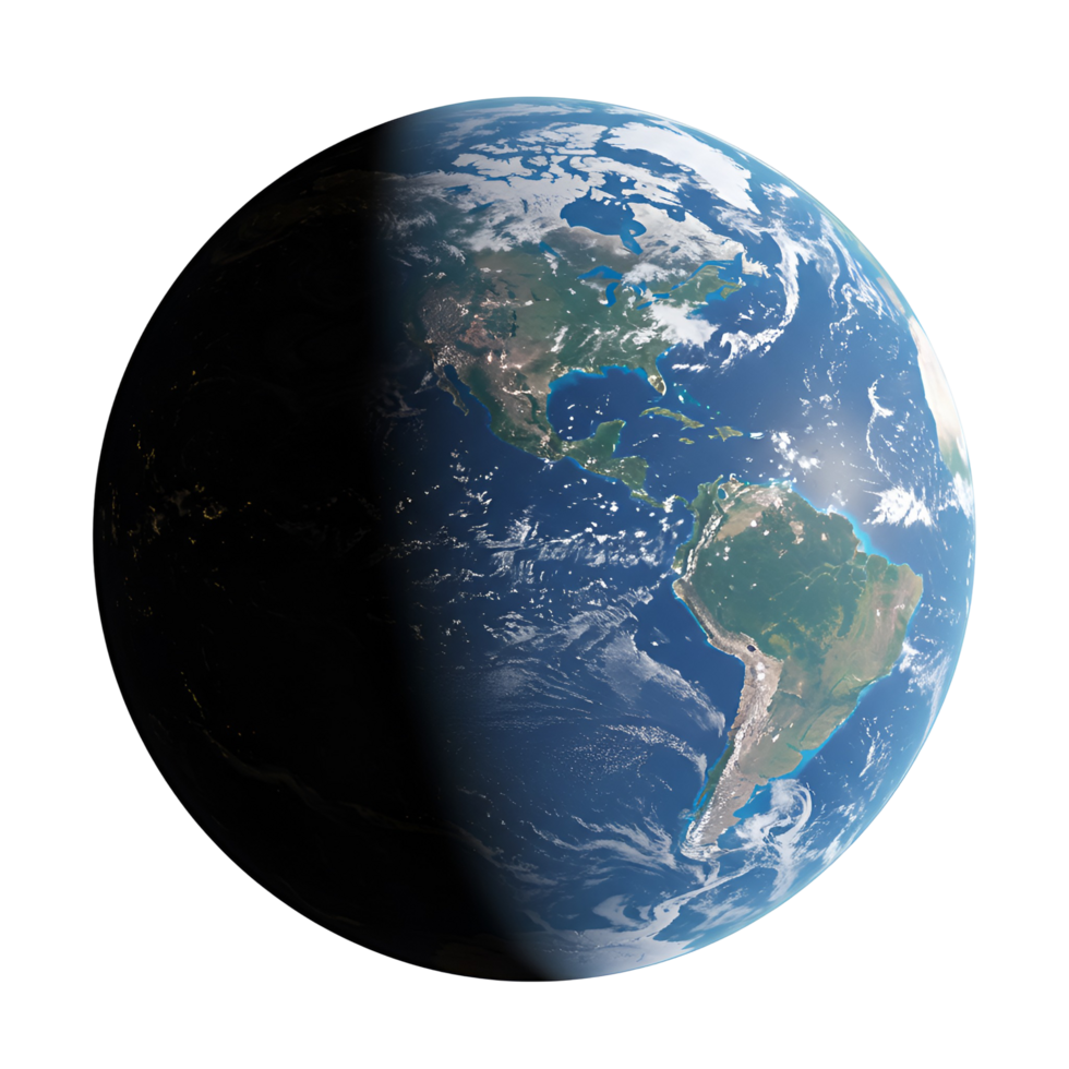 View of earth from space showing continents oceans and the transition to night on one side transparent background png