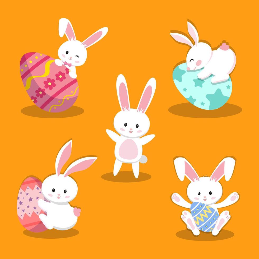 Cute Easter bunnies with decorated eggs on an orange background. Adorable white rabbits in various playful poses, perfect for Easter themes, greeting cards, and festive designs. vector