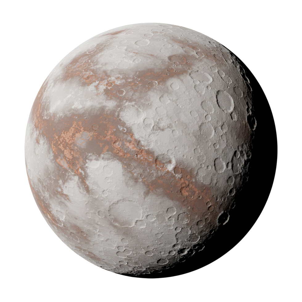 Close up view of a celestial body with craters and varied surface textures on a plain backdrop transparent background png
