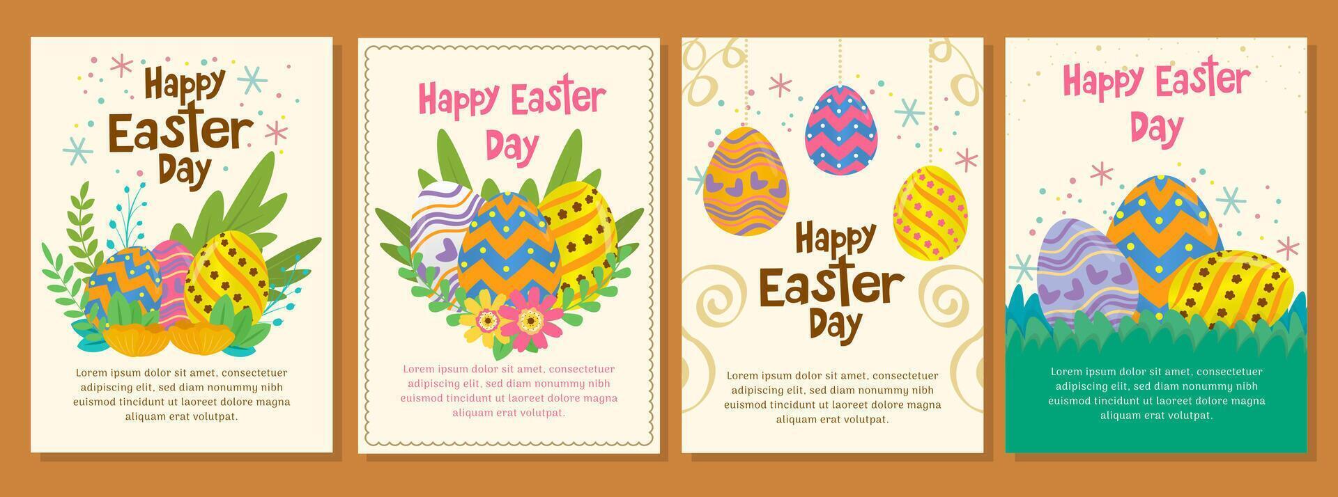 Easter collection of vertical greeting cards template. Design with flowers and painted eggs on the grass. Hand drawn flat illustration vector