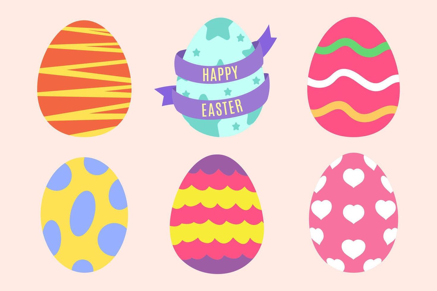 Colorful Easter egg collection with unique patterns, including stripes, waves, polka dots, hearts, and a Happy Easter ribbon. Perfect for festive designs, greeting cards, and holiday decorations. vector