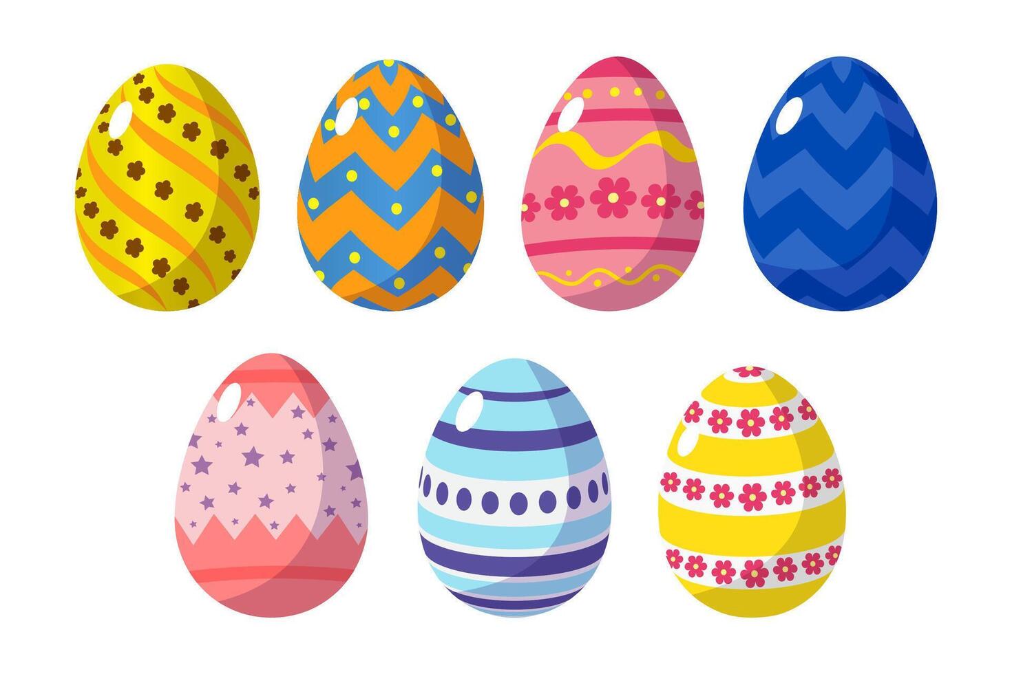 Set of seven colorful Easter eggs with unique patterns, including flowers, zigzags, stars, and stripes. Perfect for festive designs, greeting cards, and decorations. vector