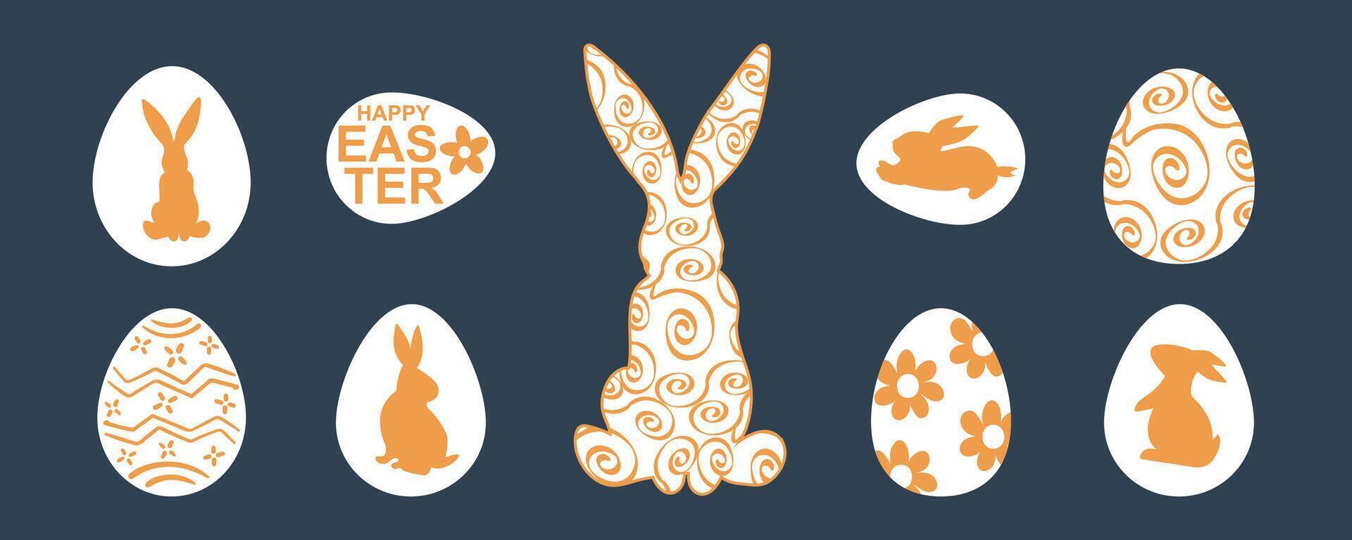Minimalist Easter design featuring a decorative bunny silhouette with swirl patterns and Easter eggs adorned with floral and rabbit motifs. A modern composition in orange and white on dark background. vector