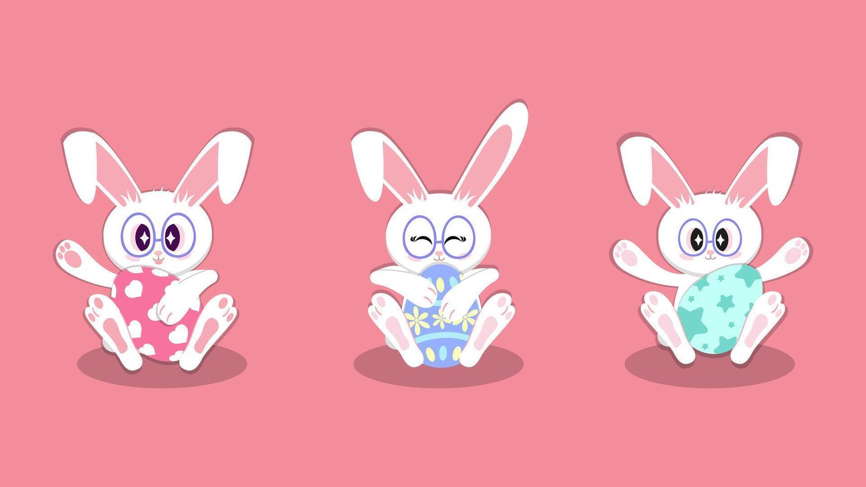 Adorable Easter bunnies with big sparkling eyes and glasses, holding colorful eggs. A cute and playful illustration perfect for Easter decor, greeting cards, and digital designs. vector