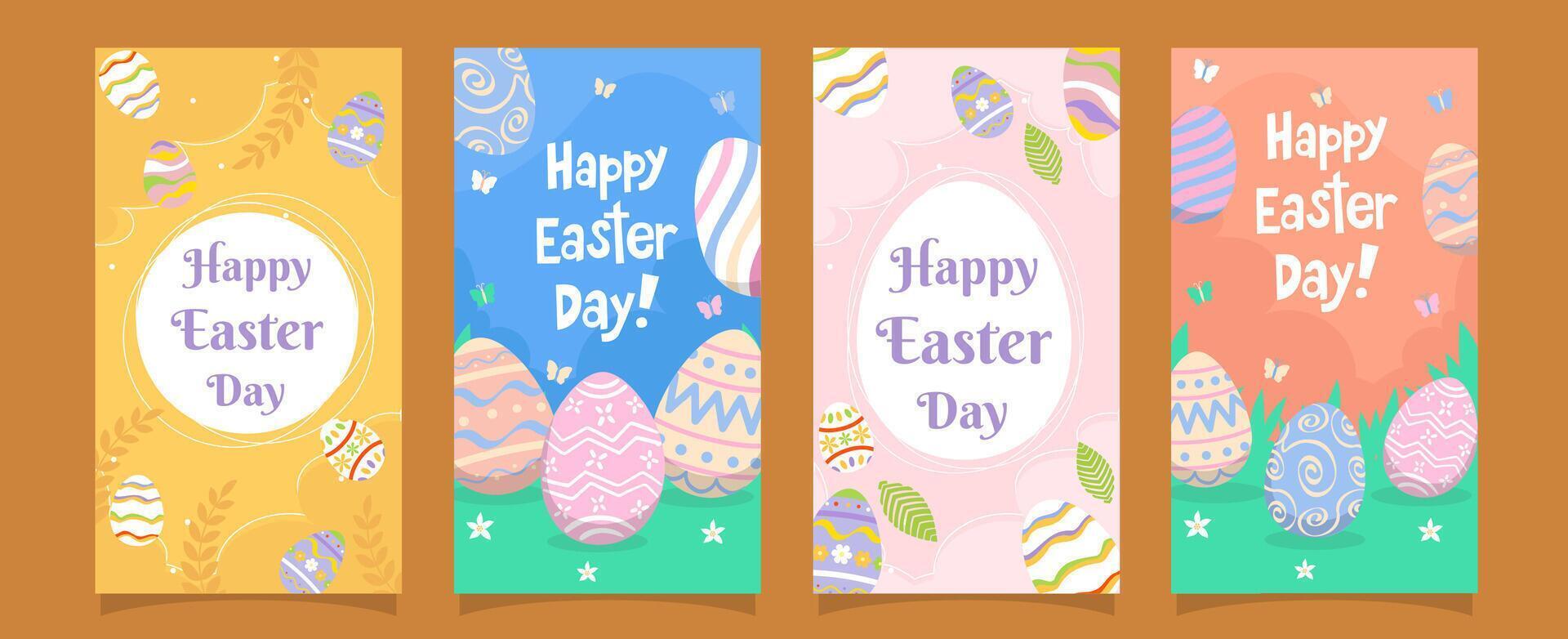 Happy Easter Day holiday party poster set. Funny butterfly and painted eggs on grass. Traditional spring religious celebration banner. Festive modern drawing typography design vector