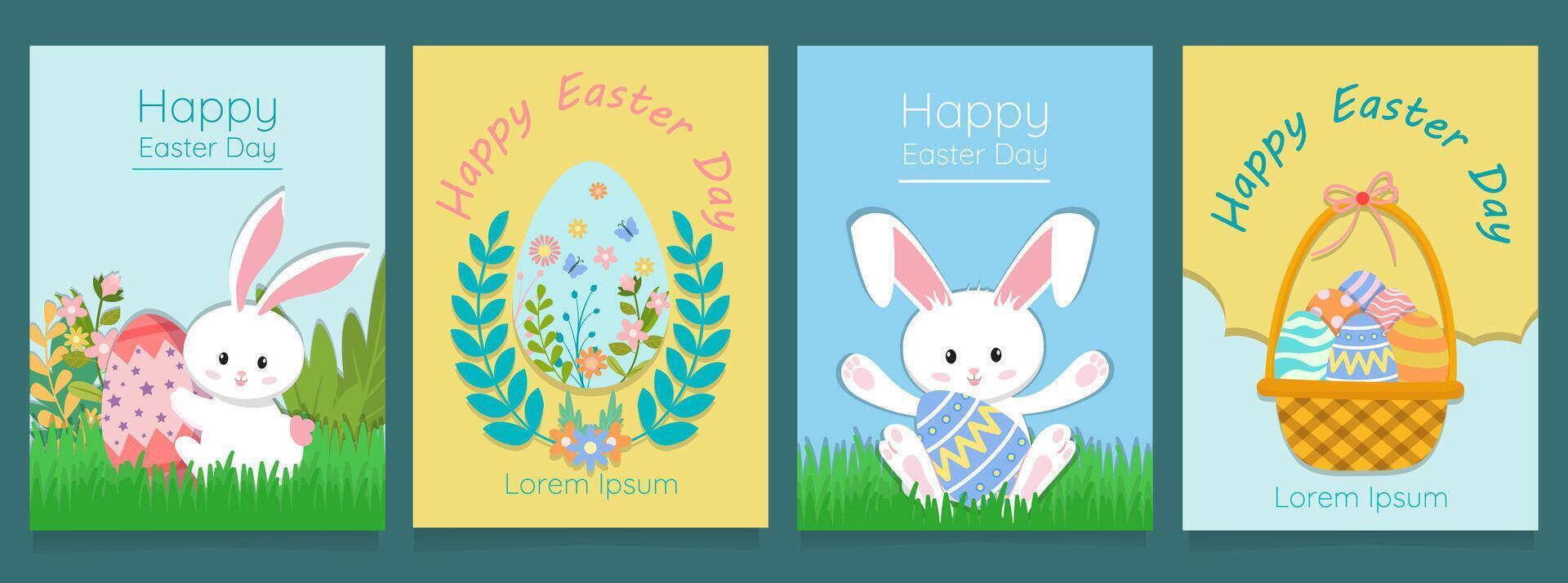 Cute Easter Egg card design for children, hand drawn with cute bunnies on grass, eggs, flowers, basket and decorations, great for party invitations or banners vector
