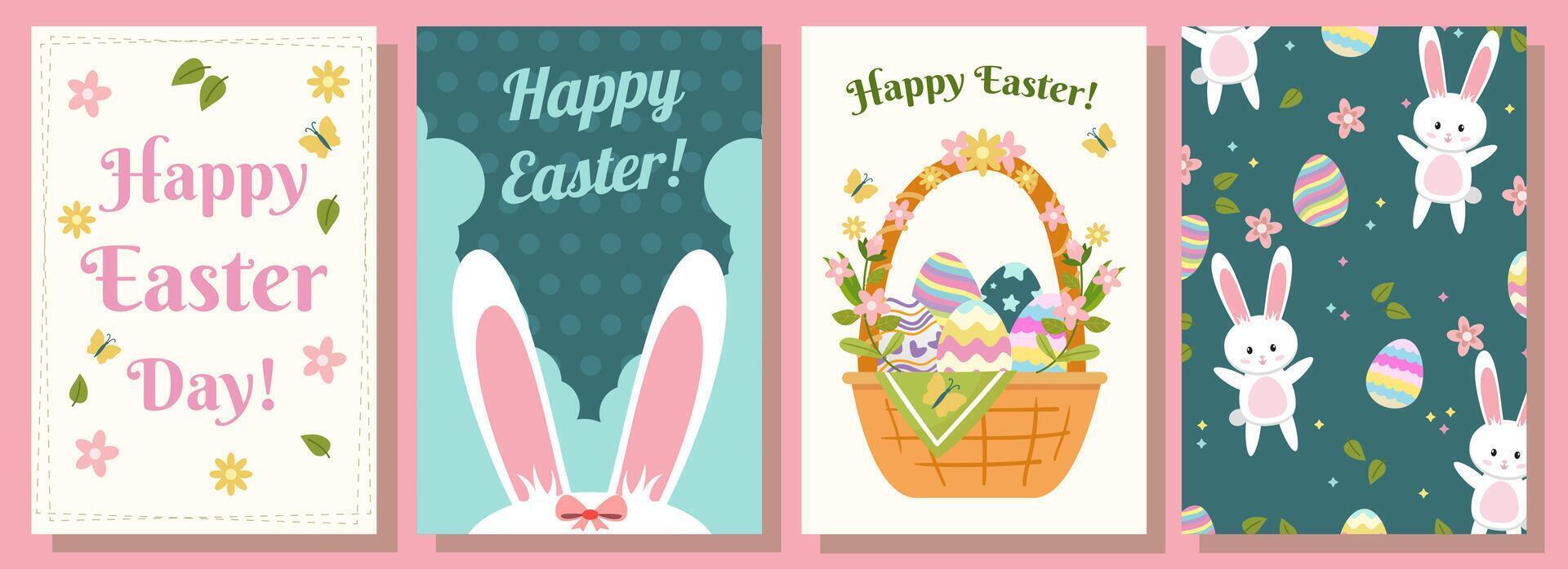 Easter bunnies card with rainbow eggs, bunny ears, basket containing easter eggs, flowers, butterflies. vector