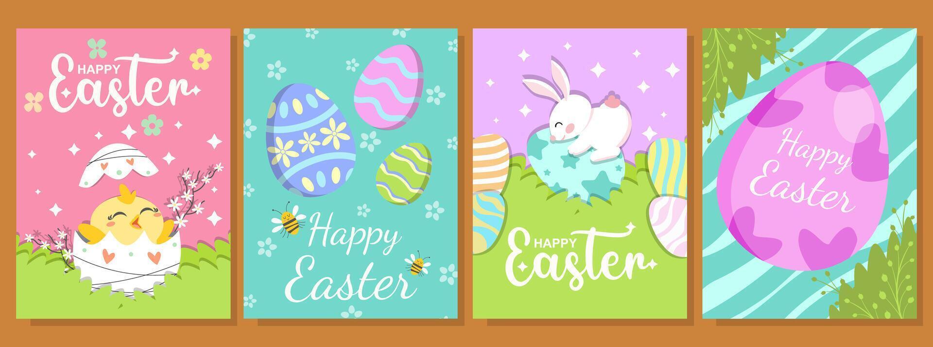 Happy Easter Set of 4 card, poster or banner templates in colorful modern style. illustration of cute Easter bunnie, chicks, bee and flowers for celebration of the spring holiday. vector