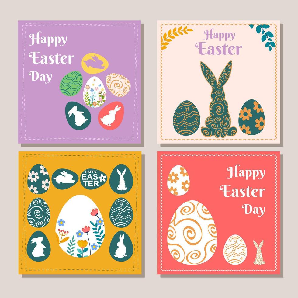 Happy Easter Set of greeting cards, posters, holiday covers, sale banners. Trendy design in paper cut style with bunny and egg silhouettes in monochrome soft pastel bright colors vector