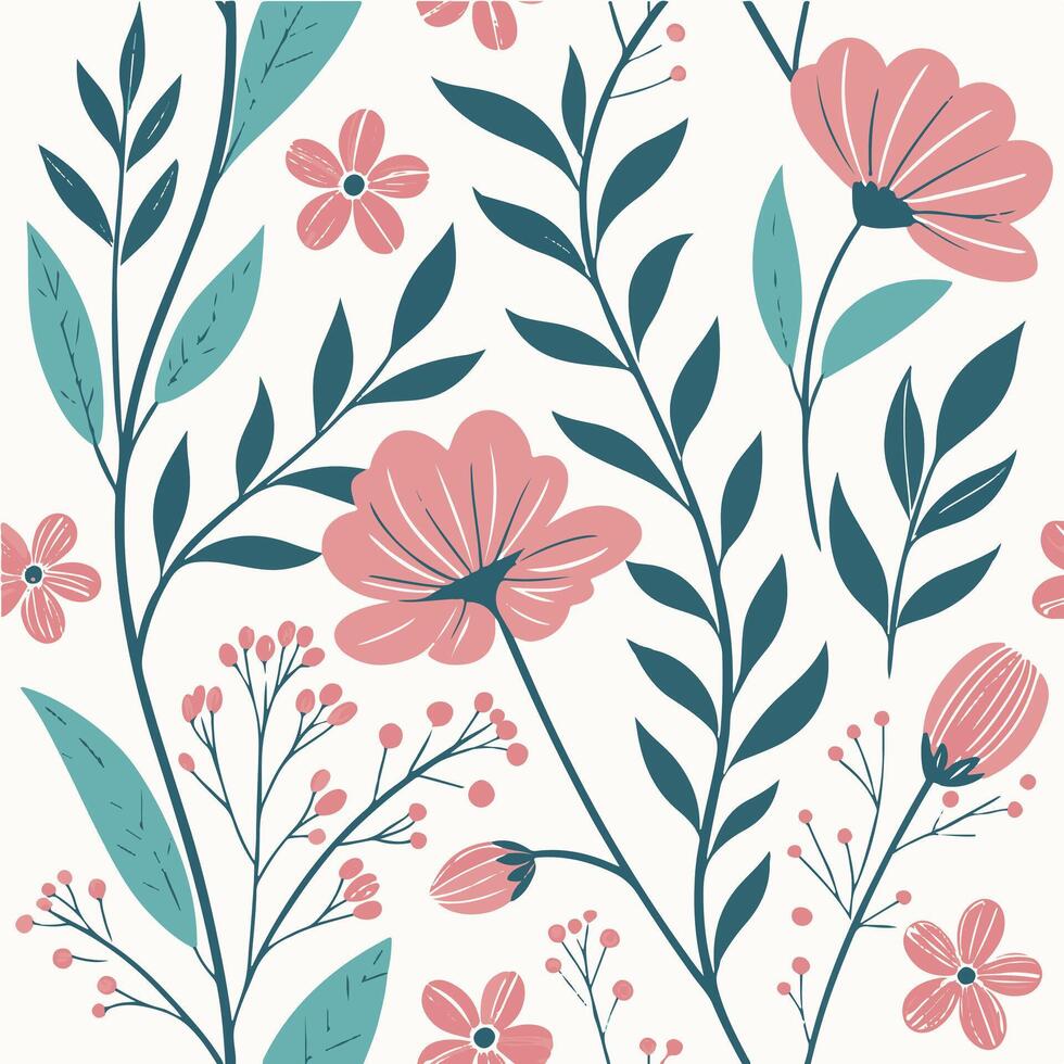 Floral seamless pattern with pink flowers and leaves vector