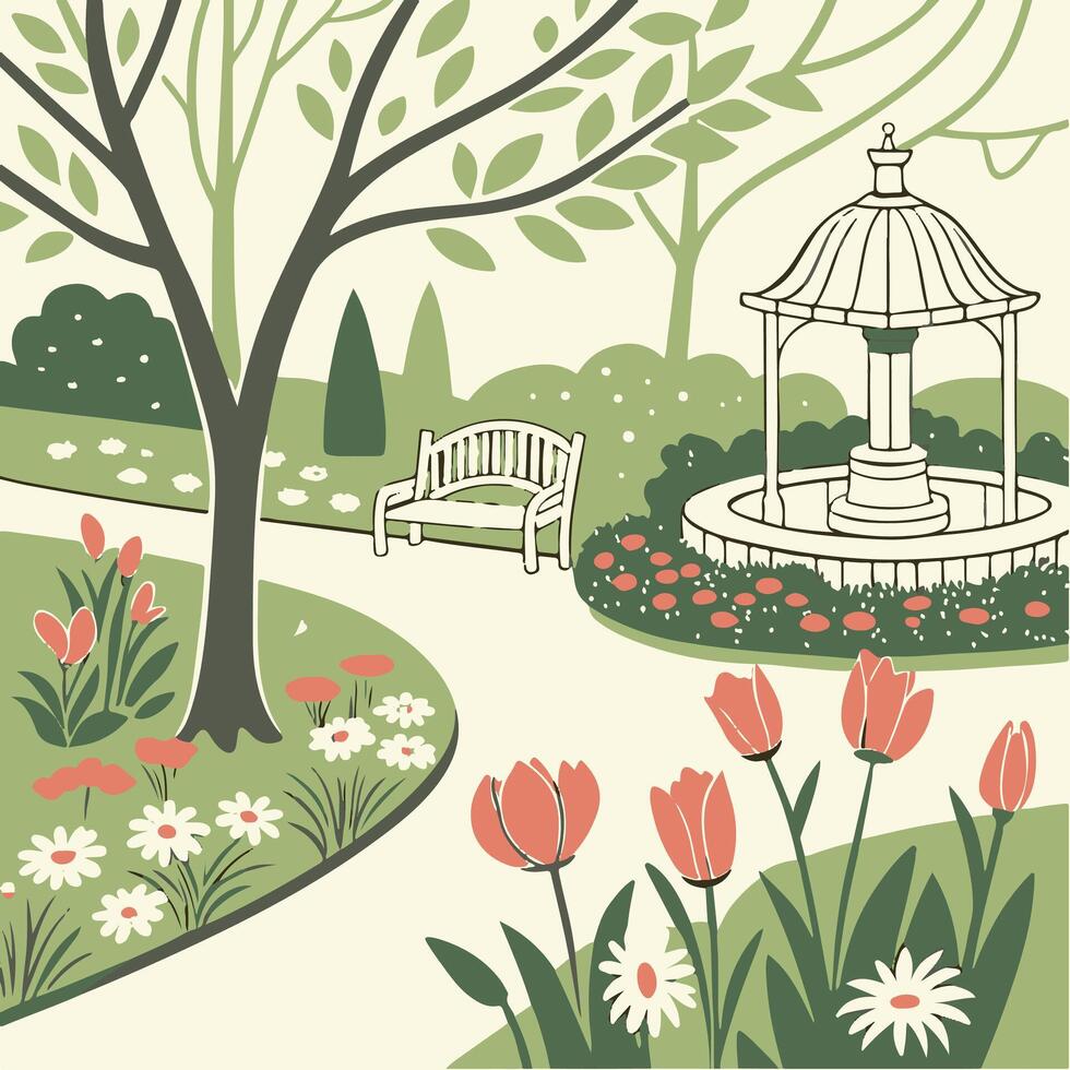 A garden scene with a fountain, trees and flowers vector