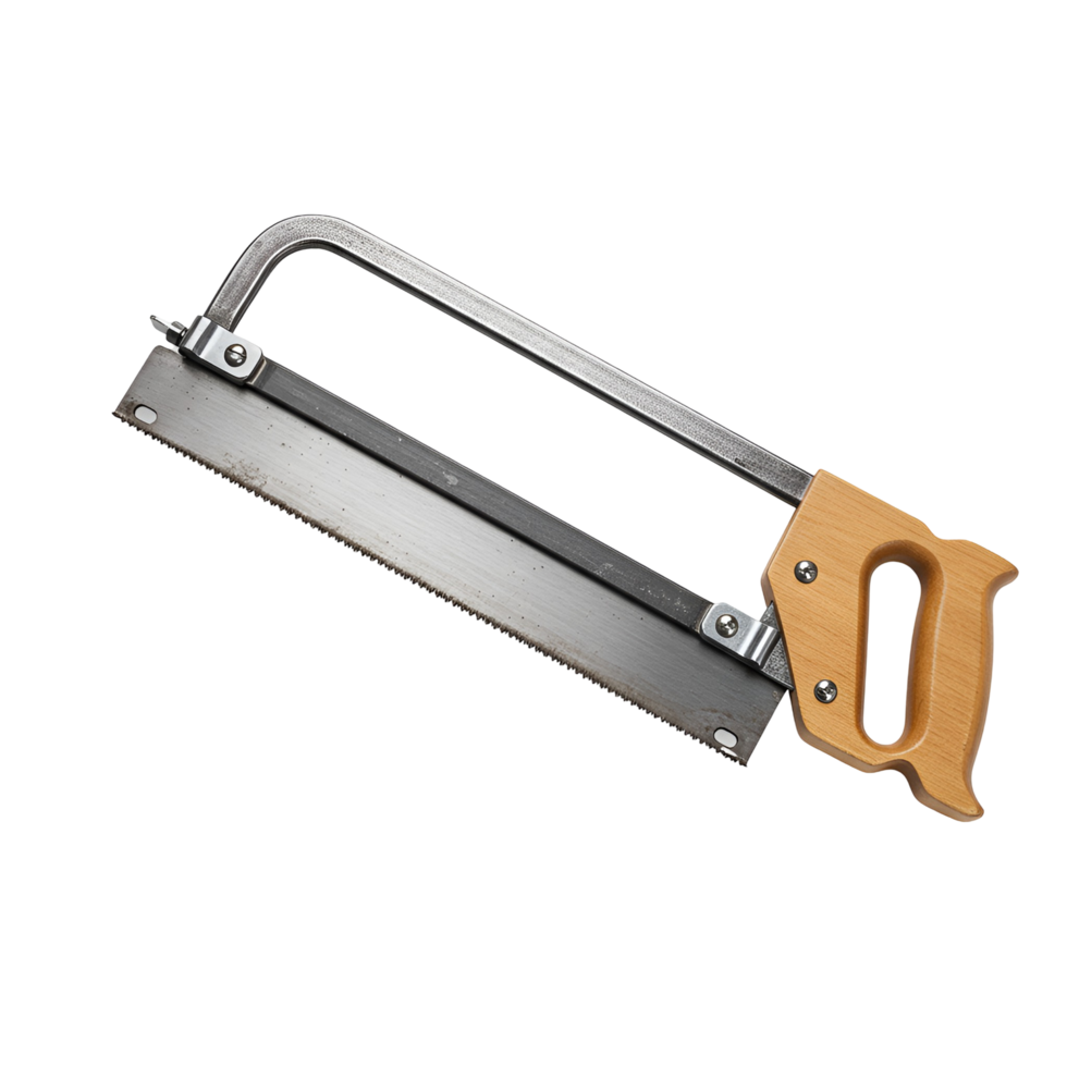A close up view of a coping saw with a wooden handle and metal frame against a plain backdrop transparent background png