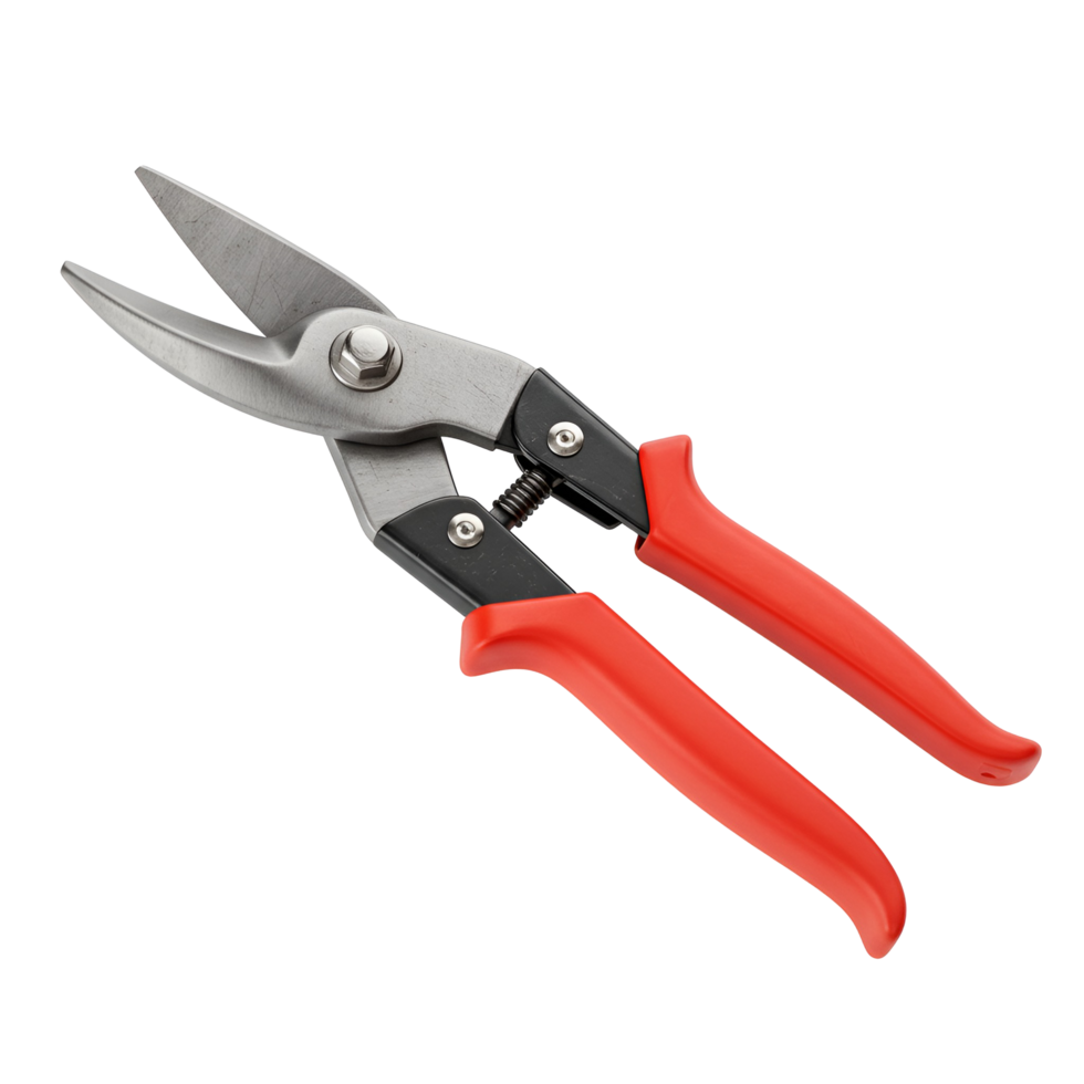 Isolated image showing metal shears with red handles on a plain surface studio photography style view transparent background png
