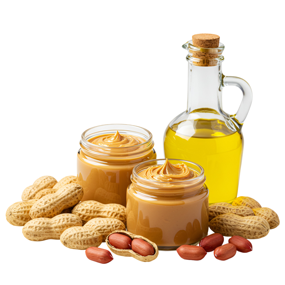 Two jars of peanut butter with peanuts and a bottle of oil on an isolated presentation space transparent background png
