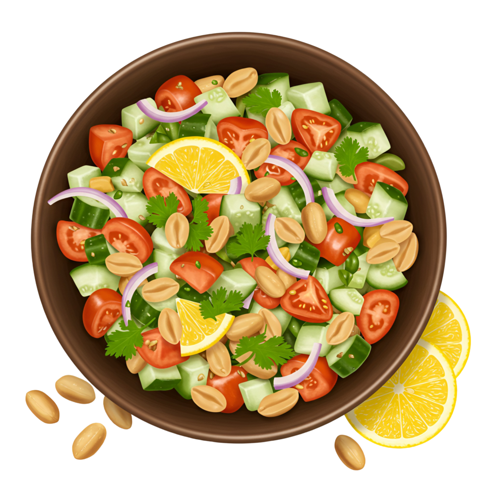 Overhead view of a vibrant salad with tomatoes cucumbers peanuts lemon and red onion in a brown bowl transparent background png