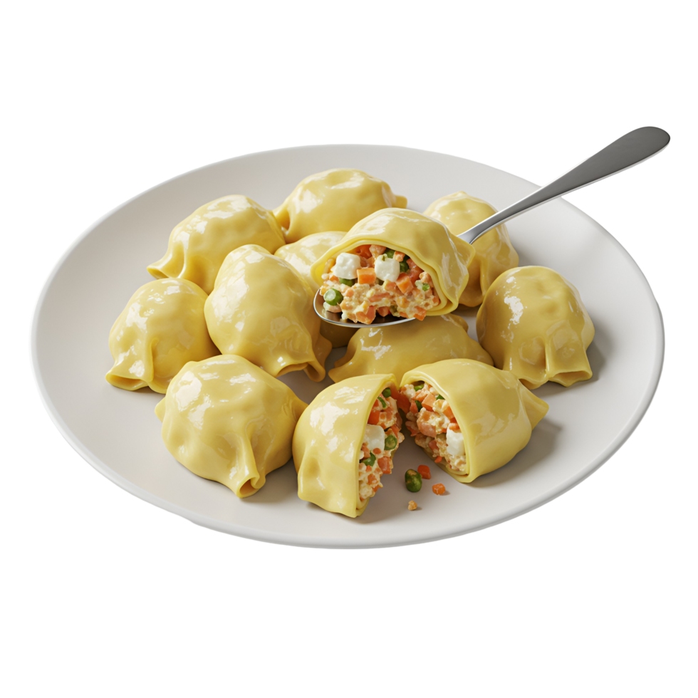 Plate of dumpling style food with a spoon holding one that is cut open showing the filling inside transparent background png