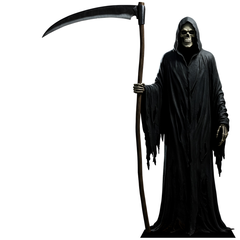 A grim reaper standing with a scythe against a plain setting in a hooded robe and skeleton face transparent background png