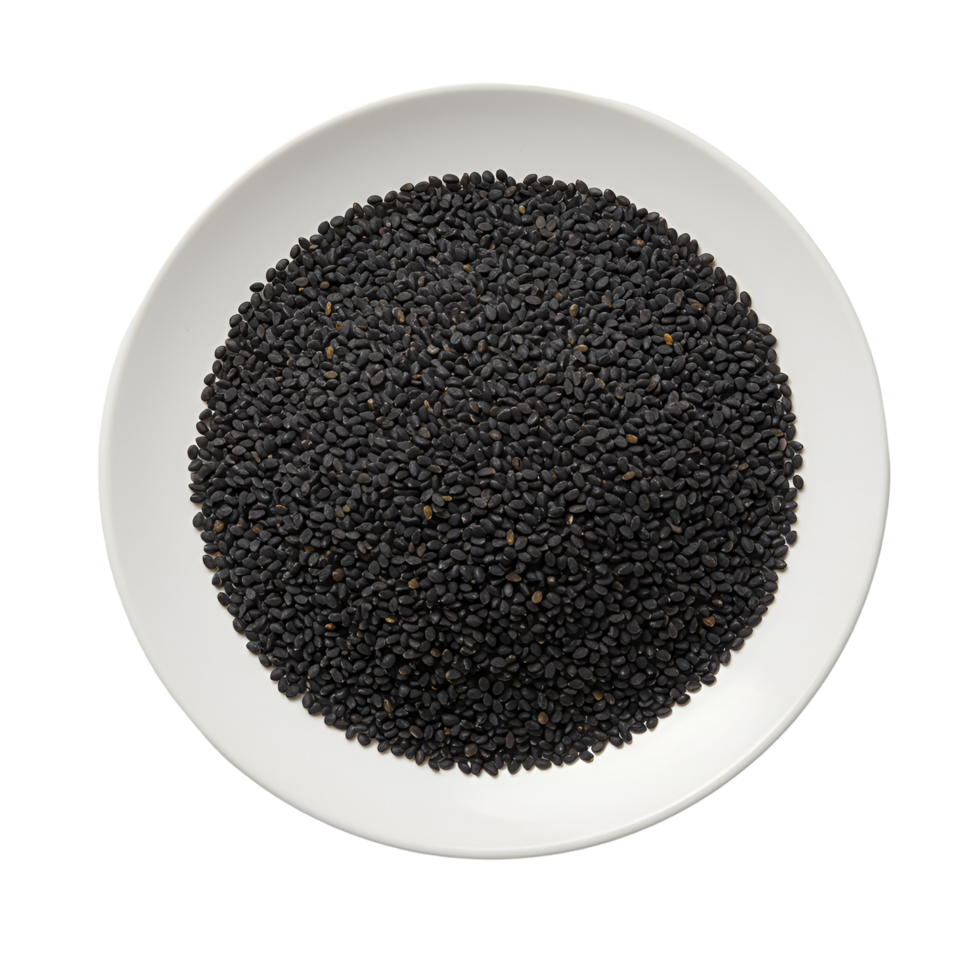 A white plate filled with a large quantity of small seeds evenly spread across its surface area view from above transparent background png