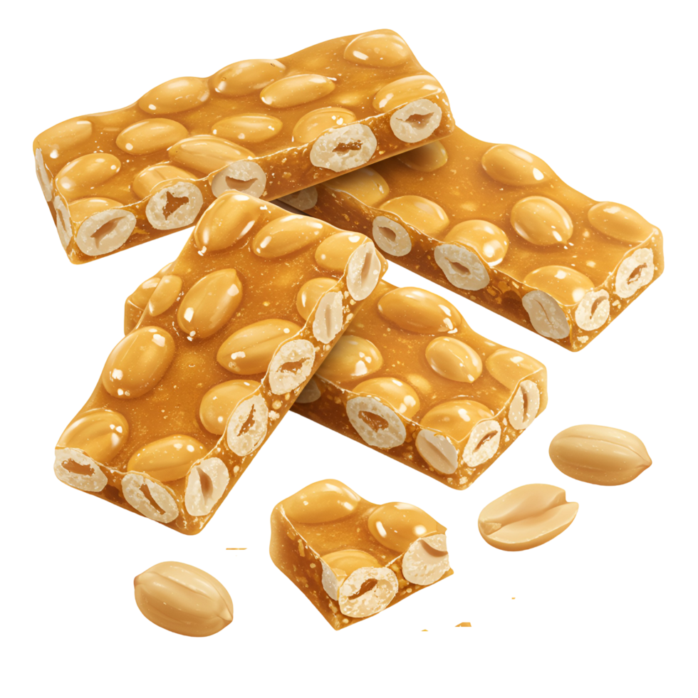 A view of peanut brittle bars stacked, with loose peanuts, on a plain surface for a sweet treat snack transparent background png