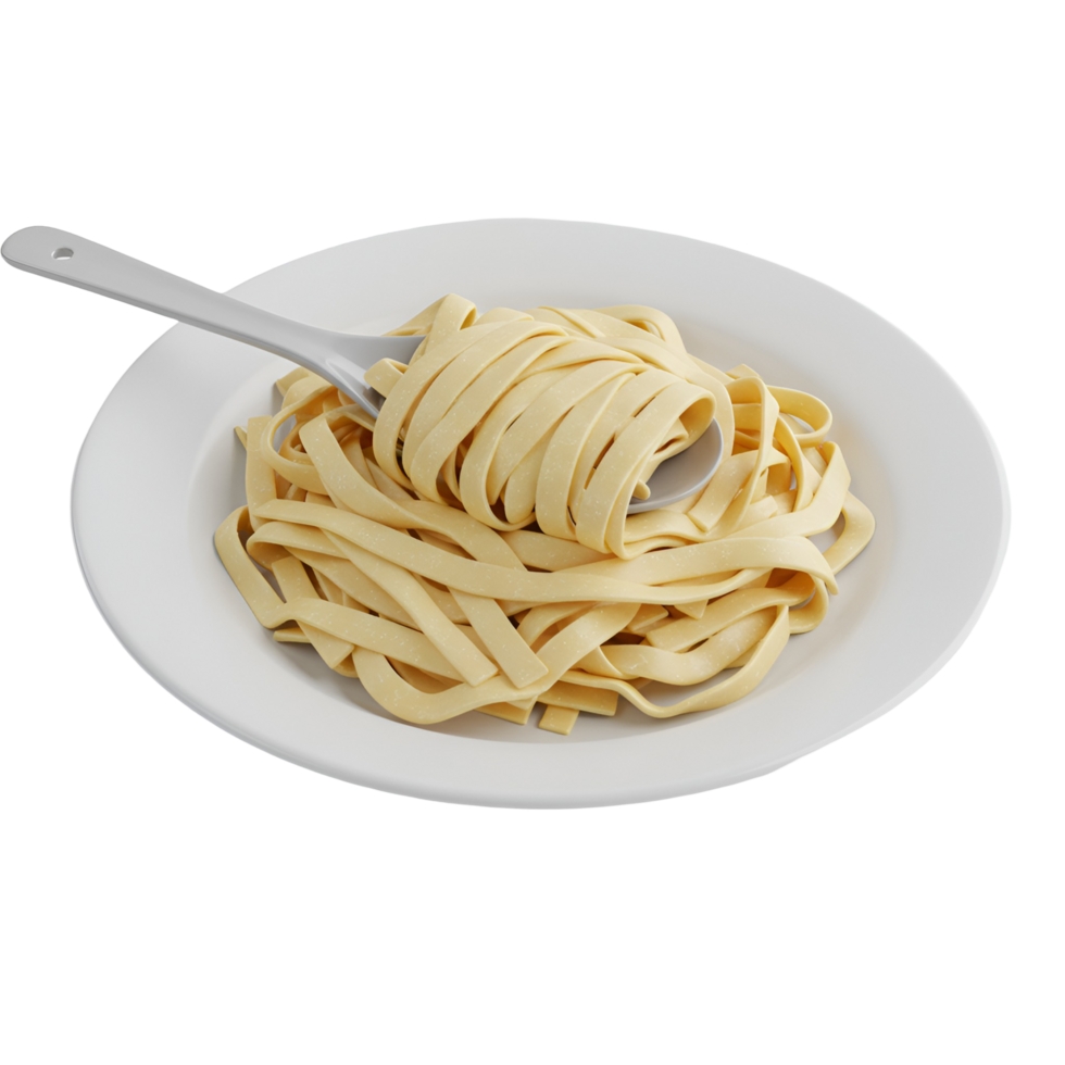 A plate of fettuccine pasta with a white spoon on a plain surface in a studio setting view transparent background png