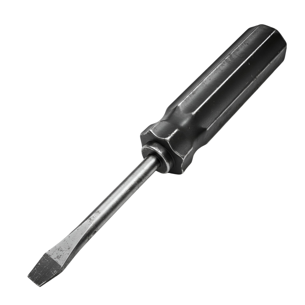 A closeup view of a flathead screwdriver tool with a silver blade on a plain solid backdrop transparent background png