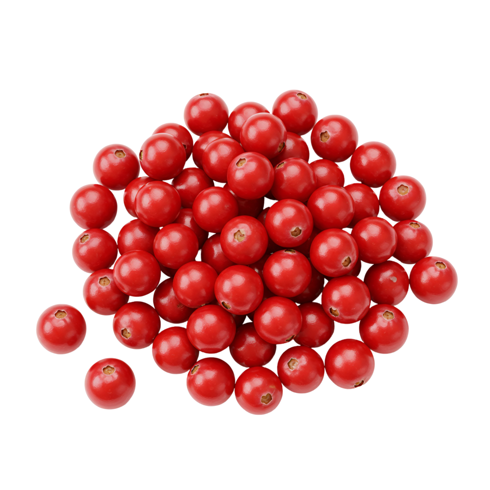 A vibrant pile of numerous round red peppercorns against a plain isolated surrounding space view transparent background png