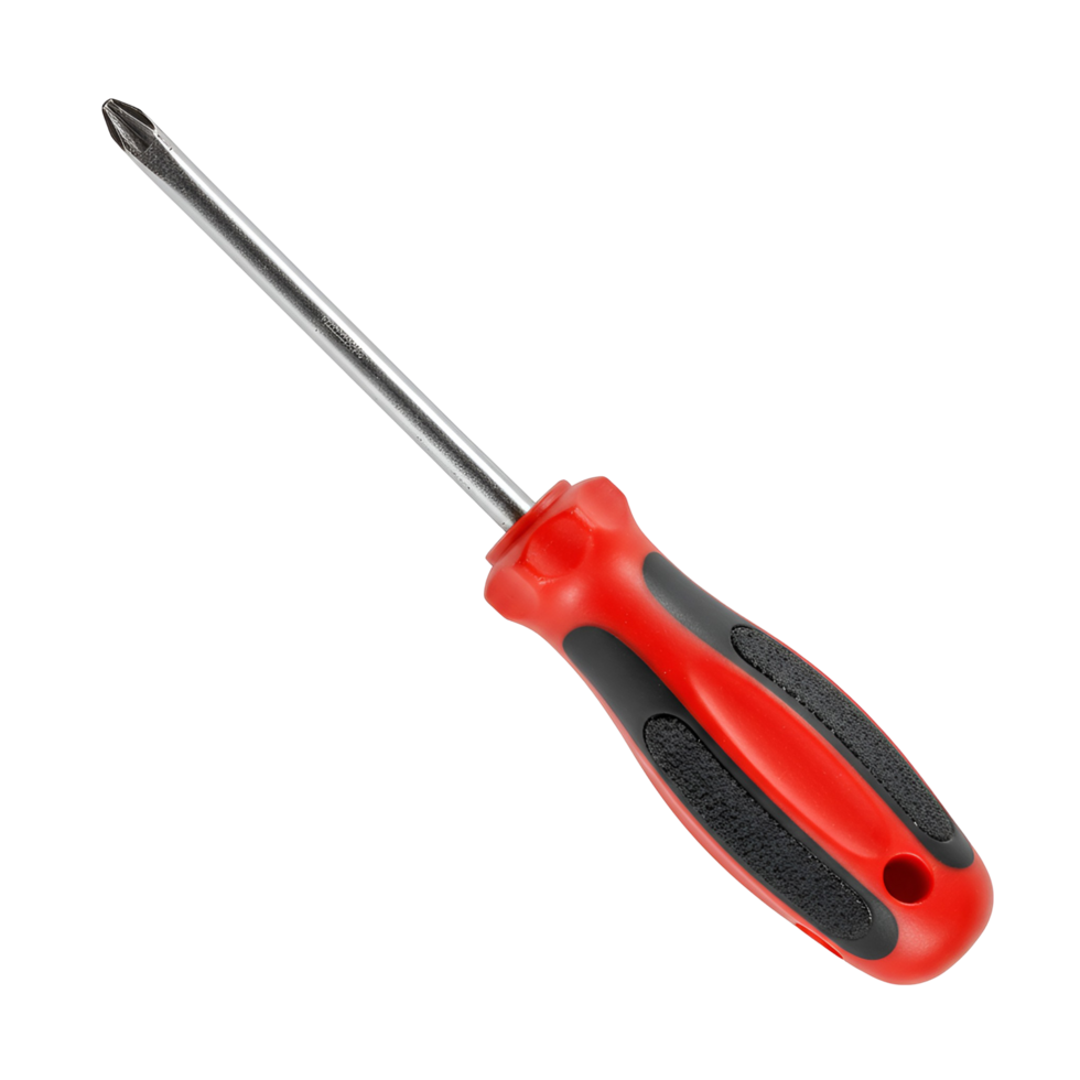 A single flathead screwdriver with a red and gray handle on a plain solid color space is displayed transparent background png