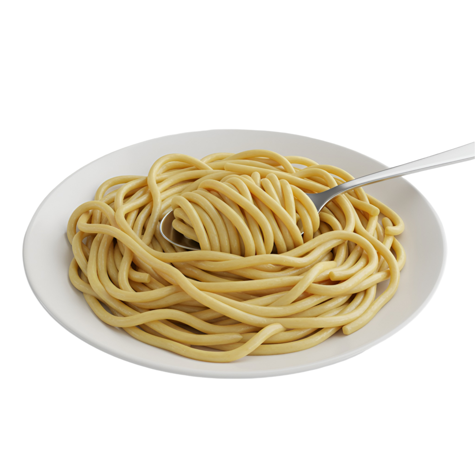 A plate of spaghetti with a silver spoon resting in the middle on a plain isolated area view image transparent background png