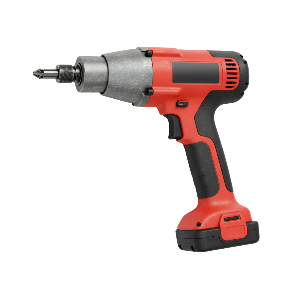 Isolated image displaying a red and silver cordless impact driver on a plain background view from the side transparent background png