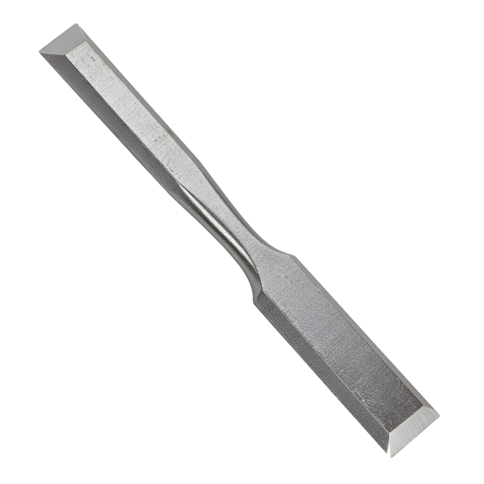 A close up studio shot of a metal chisel tool isolated on a plain simple solid color surface transparent background png