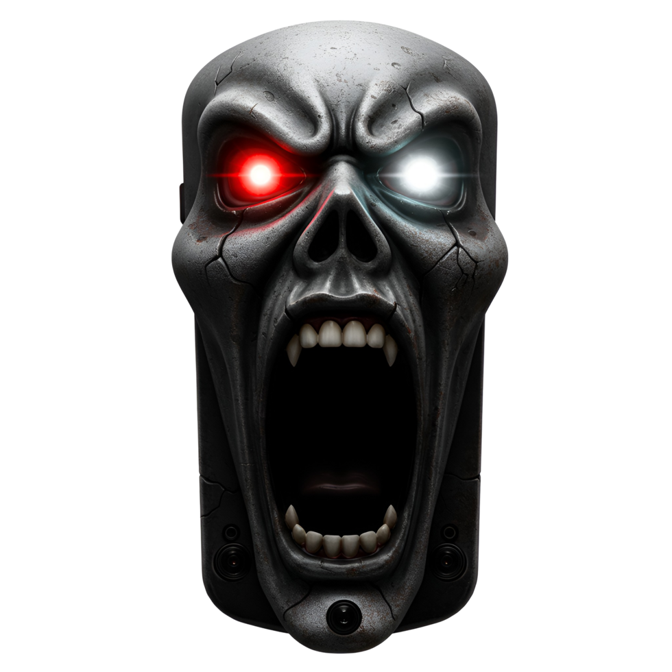 Robotic skull with glowing eyes screaming with mouth open and cracks on its surface in front view transparent background png