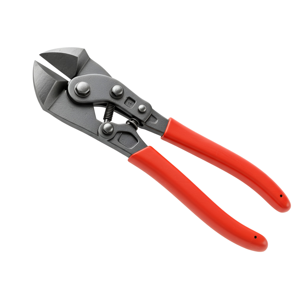 Close up of bolt cutters with orange handles against a plain studio style setting and neutral color transparent background png