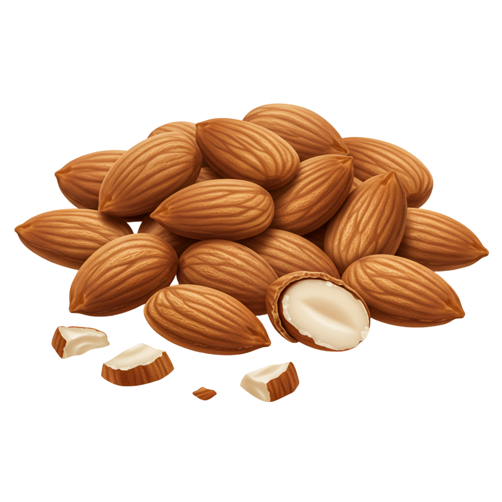 A pile of almonds with one almond cut in half showing the inside on a plain color background transparent background png