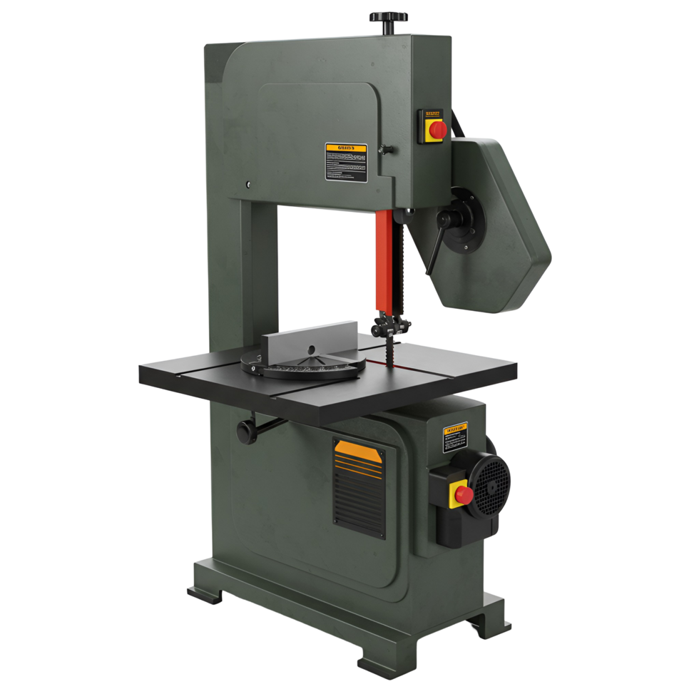 A stationary band saw with a gray body and a red blade guide on a plain studio type setting view transparent background png