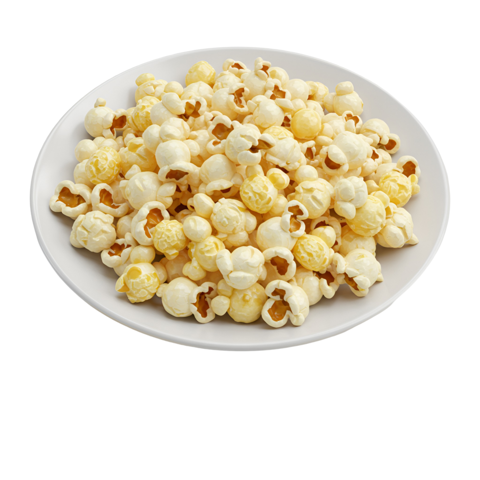 A white plate filled with popcorn kernels arranged in a pile ready for a movie night snack treat transparent background png