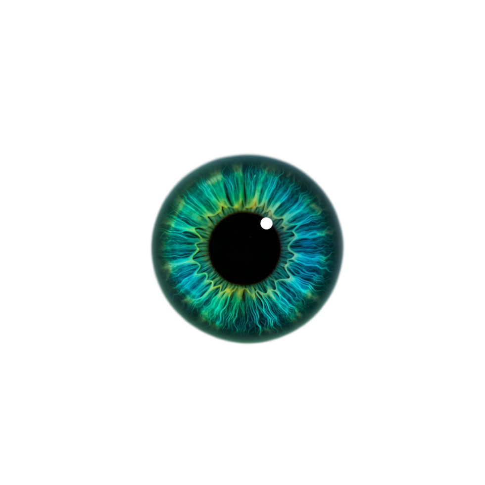 A close up view of an eye iris with a vibrant mix of teal and yellow colors on a plain background transparent background png