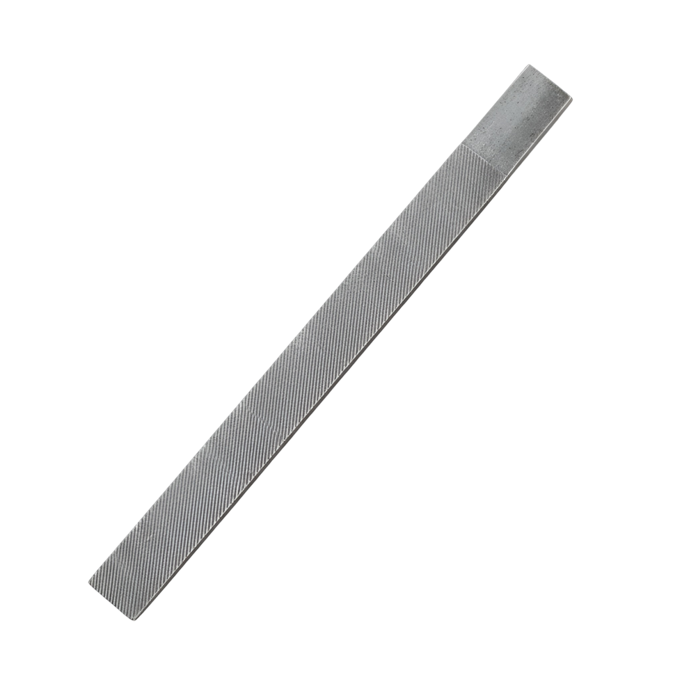 A metal file with a textured surface is displayed at an angle on a plain, solid color canvas space transparent background png