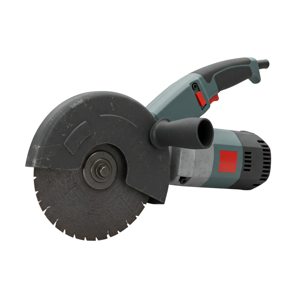 A gray and green circular saw with a blade guard on a plain surface in a studio setting indoors transparent background png