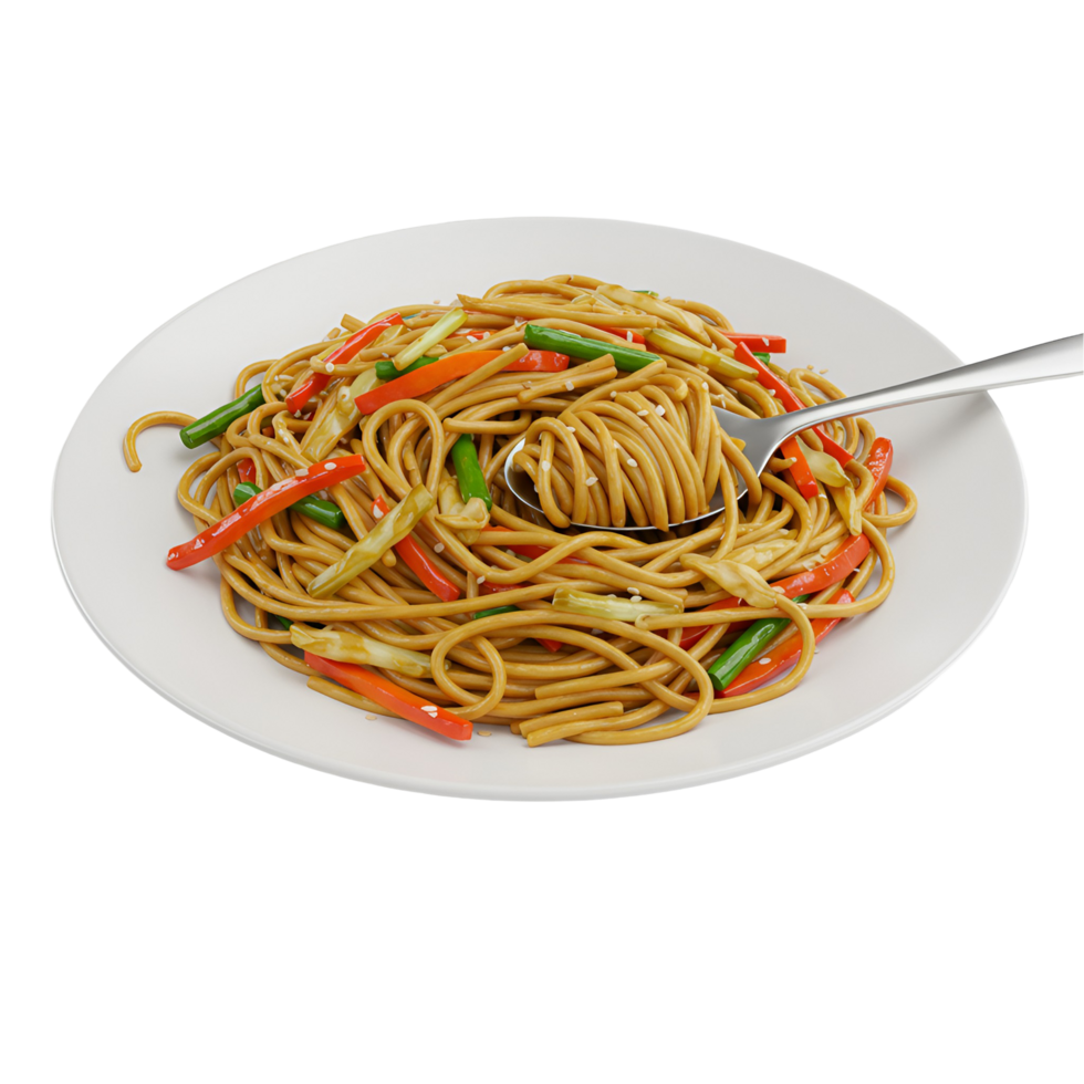 A plate of lo mein noodles with vegetables and a spoon holding some of the noodles up close view transparent background png