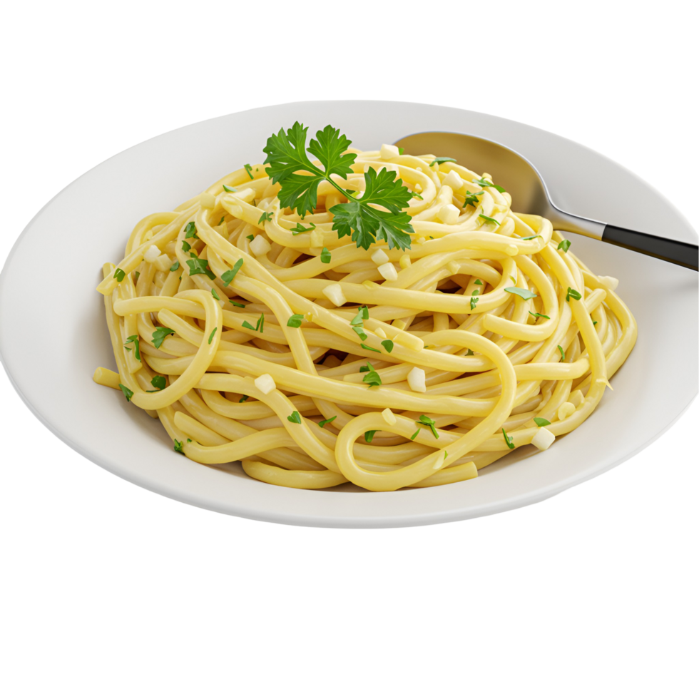 Plate of linguine pasta with garlic and parsley garnish served with a metal serving spoon on the side transparent background png