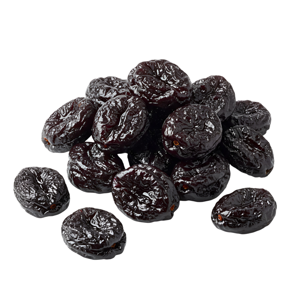 A pile of dried plums arranged together in a group against a plain solid color studio setting view shot transparent background png